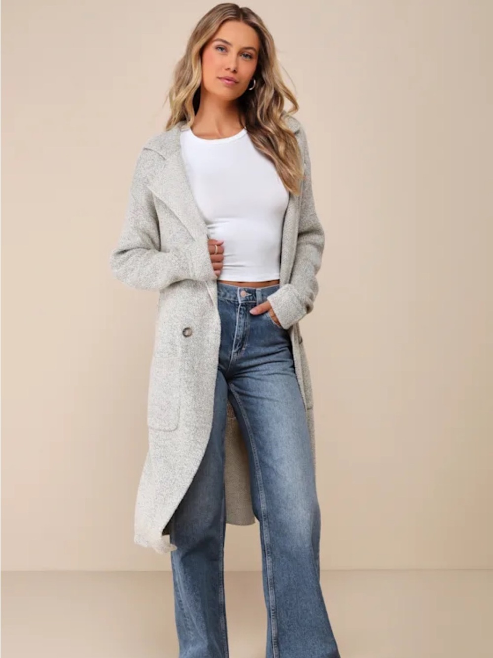 👡NEW Lulu's Beige Cuddle Club Long Sleeve Sweater Coatigan